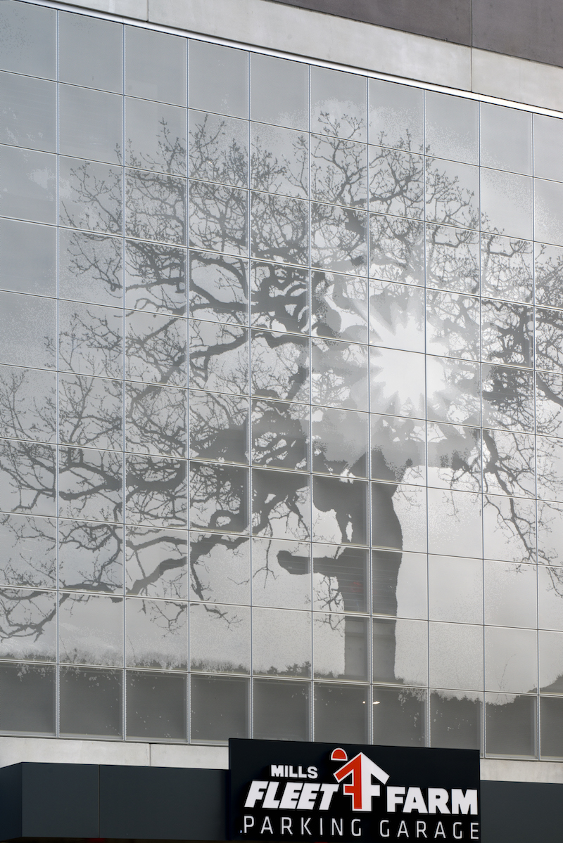 parking garage with image in perforated metal